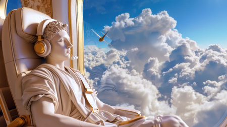 A stunning sculpture of a male figure rests in a luxurious airplane cabin, gazing out at the soft clouds against a vibrant blue sky, evoking serenity.の素材