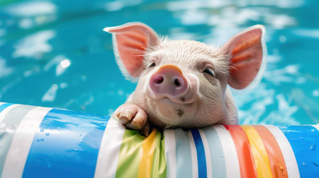 This adorable piglet enjoys a sunny day floating in a colorful pool, showcasing playful charm and summer relaxation by the water.の素材