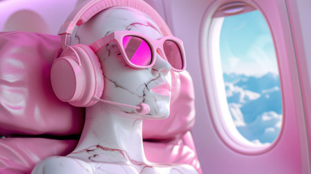 A stylized marble mannequin wearing pink sunglasses and a headset sits comfortably in an airplane seat, embodying a futuristic travel vibe against a beautiful cloud scene.の素材