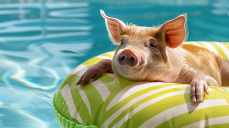 This charming image features an adorable piglet lounging on a vibrant inflatable float, enjoying the serene atmosphere of a refreshing swimming pool on a sunny day.の素材