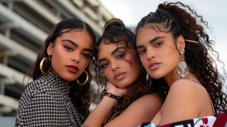 Three diverse women showcase their glamorous looks and styles while posing together in an urban setting, highlighting beauty, friendship, and fashion.の素材