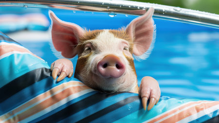 A delightful pig lounges by the pool, resting its head on a colorful inflatable. This playful scene captures the joy and charm of summer fun by the water.の素材