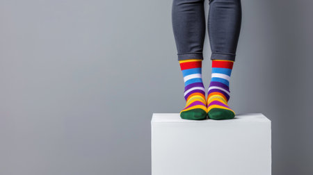 A pair of colorful striped socks worn on feet stands atop a pedestal, showcasing a playful and vibrant fashion choice against a minimalist backdrop.の素材