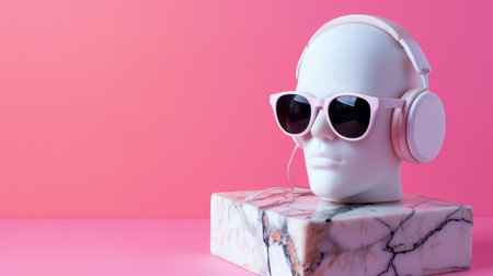 This creative image features a stylish mannequin showcasing headphones and sunglasses on a marble base against a vibrant pink background, perfect for music and fashion themes.の素材