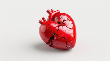 This striking 3D rendering features a red heart with a cracked map design, symbolizing global unity. It expresses themes of compassion, love, and social awareness.の素材