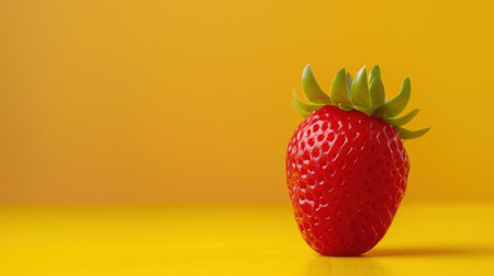 A striking image of a fresh and juicy strawberry showcasing its vibrant red color and bright green leaves on a bold yellow background, perfect for food-related needs.の素材