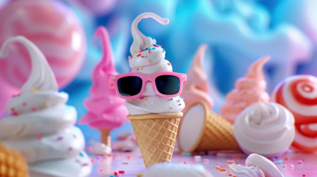 A whimsical ice cream cone wearing pink sunglasses sits proudly among colorful swirls and sprinkles, creating a fun and playful dessert scene.の素材