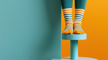 A close-up of feet wearing colorful striped socks standing on a blue pedestal, surrounded by vibrant blue and orange walls, showcasing playful fashion.の素材