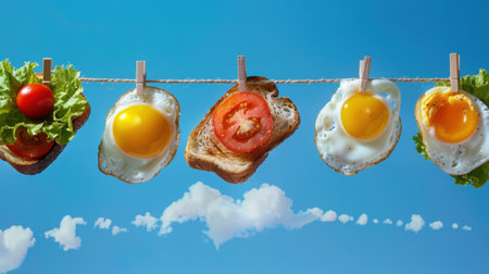A whimsical arrangement of fried eggs, tomato slices, lettuce, and toast hanging against a bright blue sky, creating a playful food display. Perfect for creative breakfast themes.の素材