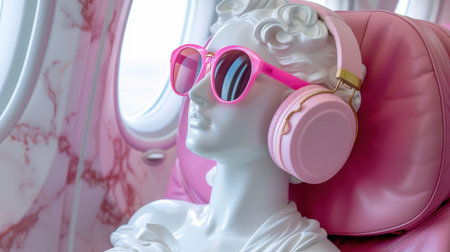 A trendy mannequin adorned with pink headphones and sunglasses rests in a plush, marble-decorated airplane cabin, embodying luxury travel and modern style.の素材
