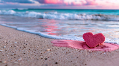 A stunning heart shaped sand sculpture rests on the beach as gentle waves roll in during a vibrant sunset, creating a romantic and serene atmosphere.の素材