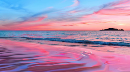 A stunning beach scene at sunset, showcasing vibrant pink and blue hues in the sky, gentle waves lapping at the shore, and a heart shape drawn in the sand.の素材