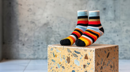 A pair of vibrant, striped socks is showcased on a textured stone pedestal, emphasizing modern design within a minimalist space illuminated by natural light.の素材