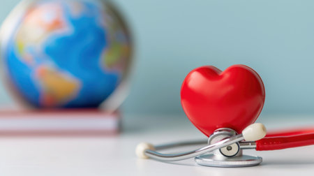 This image highlights the importance of heart health with a red heart symbol placed beside a stethoscope and a globe, representing global healthcare awareness.の素材