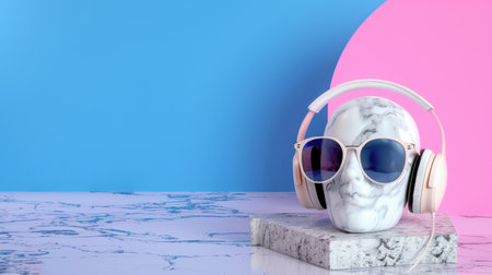 A unique composition featuring a marble skull wearing stylish headphones and sunglasses, set against a vibrant blue and pink background, perfect for artistic exploration.の素材