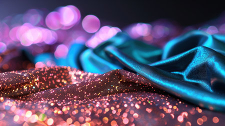 A mesmerizing close-up of colorful fabric featuring shimmering glitter and soft textures, set against a rich bokeh background, creating an elegant atmosphere.の素材
