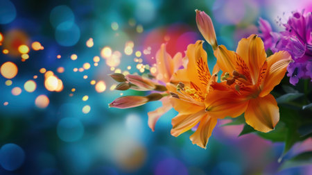A captivating image of a vibrant orange lily in full bloom, set against a soft bokeh background. The colorful arrangement evokes beauty and tranquility.の素材