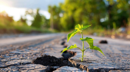 A vibrant green plant breaks through a crack in the dry asphalt road, symbolizing resilience and new beginnings against a warm sunlight backdrop.の素材