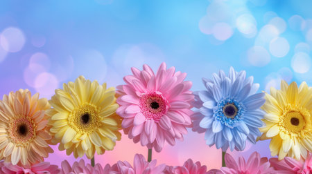 A stunning arrangement of colorful gerbera daisies in shades of pink, yellow, and blue against a dreamy bokeh background, perfect for uplifting designs.の素材