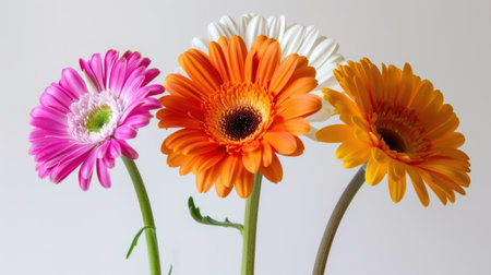 A stunning arrangement of vibrant gerbera daisies in pink, orange, and white showcases the beauty of nature and color in a simple yet elegant composition.の素材