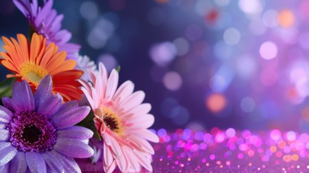 This captivating image features a stunning arrangement of vibrant blooming flowers in purple, pink, and orange hues, set against a soft bokeh background. Perfect for springtime themes, the composition evokes feelings of joy and beauty, ideal for decoration or design projects.の素材