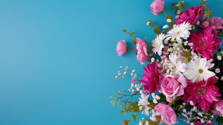 A vibrant floral arrangement featuring pink roses, white daisies, and delicate greenery against a light blue background, perfect for various occasions.の素材