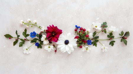 A beautiful floral arrangement featuring red, white, and blue flowers against a light background, perfect for spring decor inspiration and nature lovers.の素材