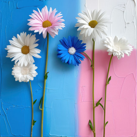 This stunning artwork features a vibrant arrangement of colorful daisies against a textured pastel background, creating a cheerful and serene ambiance perfect for brightening any space.の素材