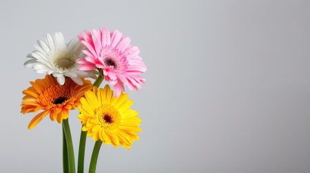 A stunning arrangement of vibrant gerbera daisies showcasing pink, white, orange, and yellow hues against a minimalist background. Perfect for decoration.の素材