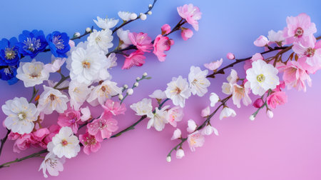 This vibrant image showcases a beautiful arrangement of colorful flowers, including cherry blossoms and striking blue blooms, set against a soft pastel gradient background.の素材