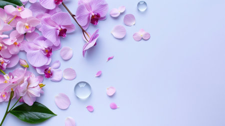 A captivating arrangement of delicate pink orchid flowers and scattered petals with water droplets on a soft blue background, ideal for elegant decor or artistic projects.の素材