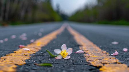 A beautiful flower stands alone on a deserted road, surrounded by scattered petals, capturing the essence of nature's beauty and tranquility.の素材