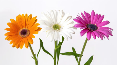 Three vibrant gerbera daisies in orange, white, and pink showcase the beauty of nature against a clean white background, perfect for decoration or celebration.の素材