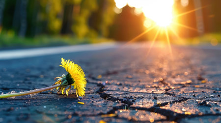 A vibrant dandelion flower rests on a cracked asphalt road, illuminated by the warm glow of the sunset, symbolizing resilience and beauty in nature's landscape.の素材