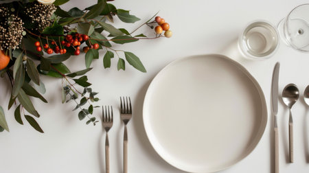 This image showcases an elegant table setting featuring a dinner plate surrounded by fresh greenery and seasonal decorations, perfect for stylish dining occasions.の素材