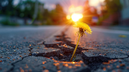 A striking dandelion emerges through a crack in the asphalt, capturing a moment of resilience against a warm sunset backdrop. The soft light enhances the beauty of nature amidst urban surroundings.の素材
