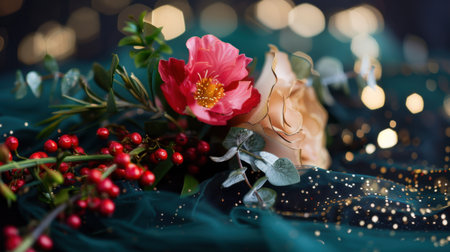 A stunning floral arrangement featuring a pink flower and green foliage, accented by shimmering lights, perfect for holiday decorations or romantic events.の素材