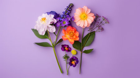 A stunning collection of fresh flowers arranged beautifully on a soft purple background. Perfect for seasonal decor, floral inspiration, or artistic projects.の素材