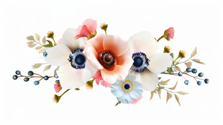This beautiful floral arrangement showcases various anemones and delicate blooms against a pristine white background, perfect for elegant designs.の素材