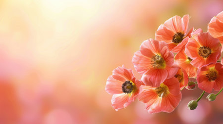 Delicate pink flowers bloom softly against a warm, sunlit background, creating an enchanting atmosphere perfect for floral enthusiasts and serene settings.の素材