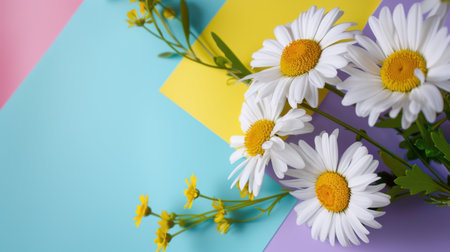 A beautiful arrangement of daisies against a backdrop of colorful pastel sheets creates a vibrant and fresh aesthetic ideal for home decor or seasonal projects.の素材