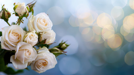 A stunning close-up of white roses showcasing soft petals and intricate details, set against a dreamy, blurred background, ideal for conveying romance and beauty.の素材
