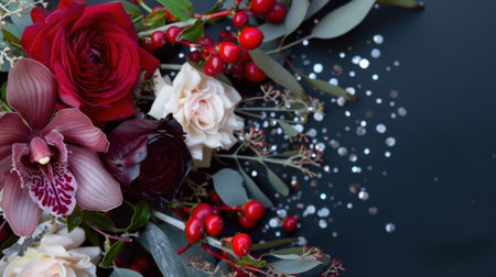 A stunning floral composition featuring luxurious red roses, delicate white blooms, and lush greenery set against a dark backdrop with decorative accents.の素材