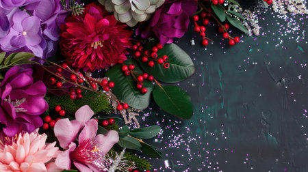 A stunning array of vibrant flowers and greenery creates an eye-catching floral arrangement against a dark background, perfect for seasonal themes and events.の素材