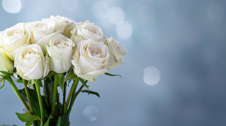 A stunning arrangement of white roses against a soft blue backdrop featuring a beautiful bokeh effect, perfect for romantic or wedding themes.の素材