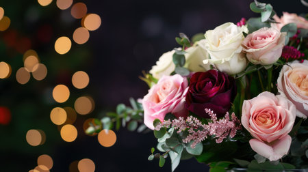 This stunning bouquet features a variety of roses in soft pinks, deep reds, and whites, set against a gentle bokeh background. Perfect for any romantic occasion or celebration.の素材