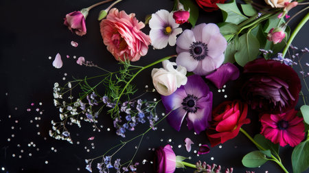 A stunning floral arrangement featuring vibrant flowers like anemone and ranunculus against a dark background, showcasing their beauty and elegance.の素材
