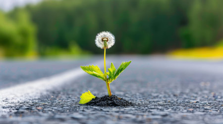 A close-up view of a dandelion flower sprouting through cracks in a rough asphalt surface, symbolizing resilience and hope amidst a vibrant, natural landscape.の素材