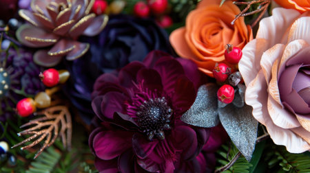 A beautiful close-up of an elegant floral arrangement showcasing various blooms in deep purple, soft peach, and vibrant red hues, enhanced by lush greenery.の素材