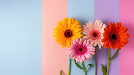 A beautiful arrangement of gerbera daisies in vibrant colors rests against a soft pastel background. Perfect for spring decor or floral-inspired designs.の素材